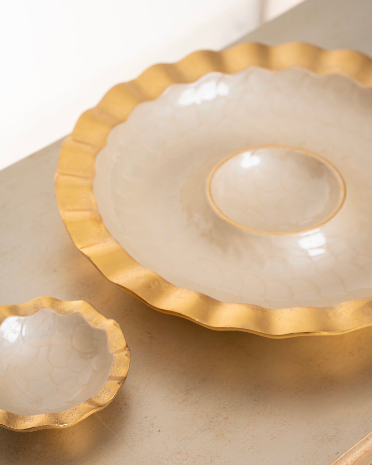 Gold and Beige Enamel Chips and Dip Serving Platter