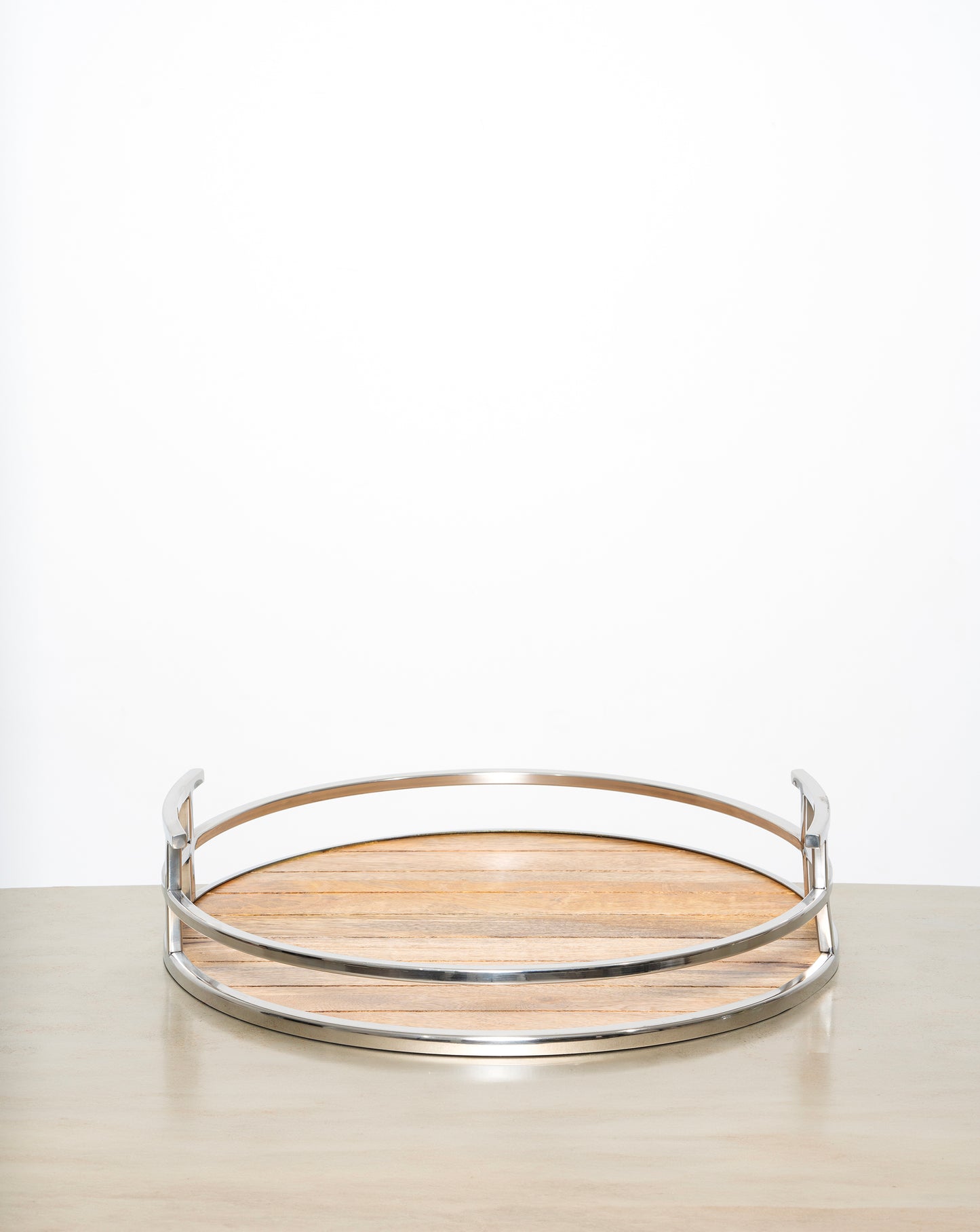 Mango Wood & stainless steel round tray, Large, 45cm
