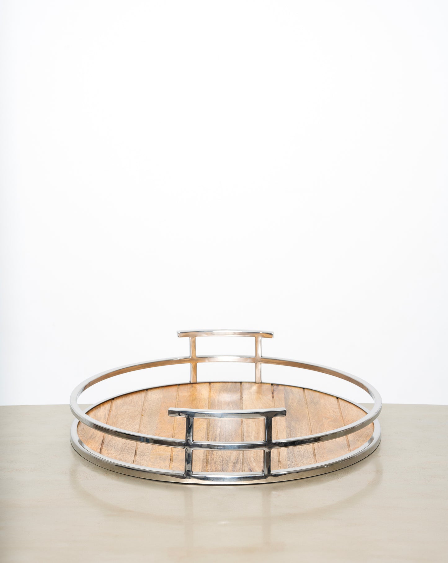 Mango Wood & stainless steel round tray, Large, 45cm
